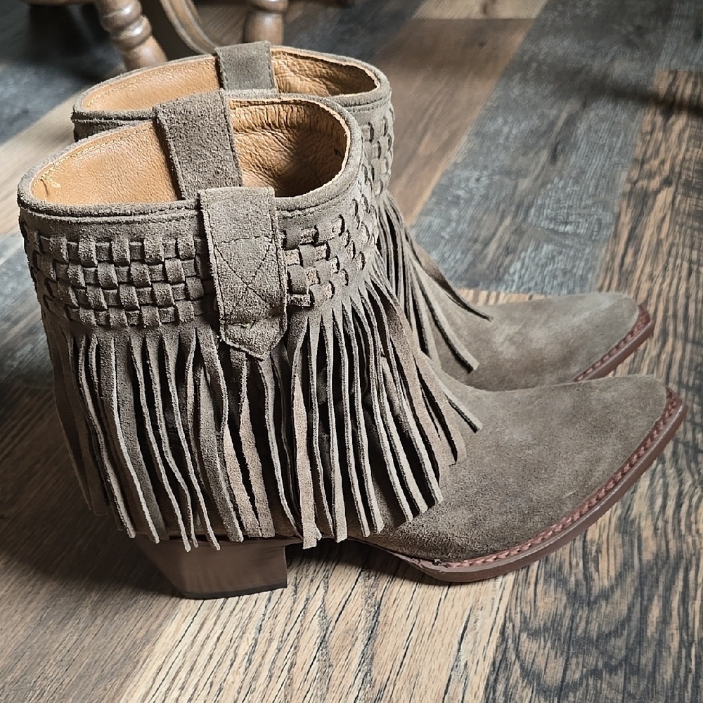 Frye Green and Brown Fringe Ankle Booties